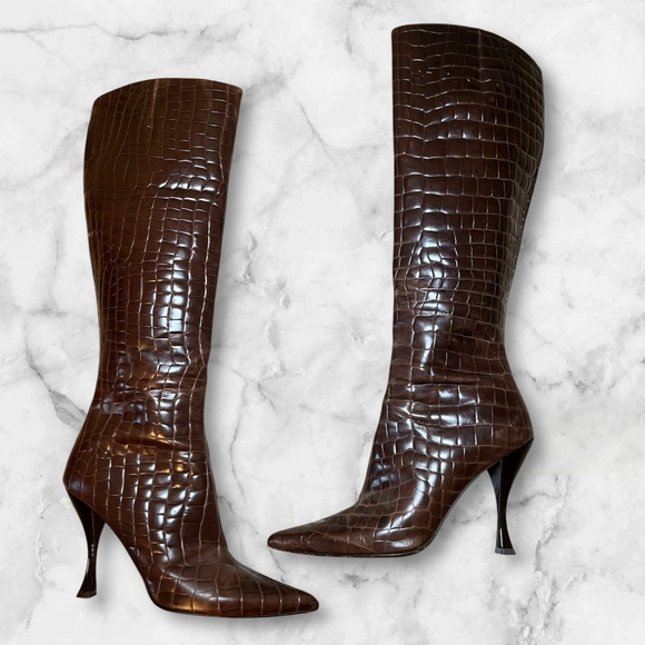 Via Spiga Leather Croc Heeled Boots Made in Italy Size 7 - Picture 2 of 10